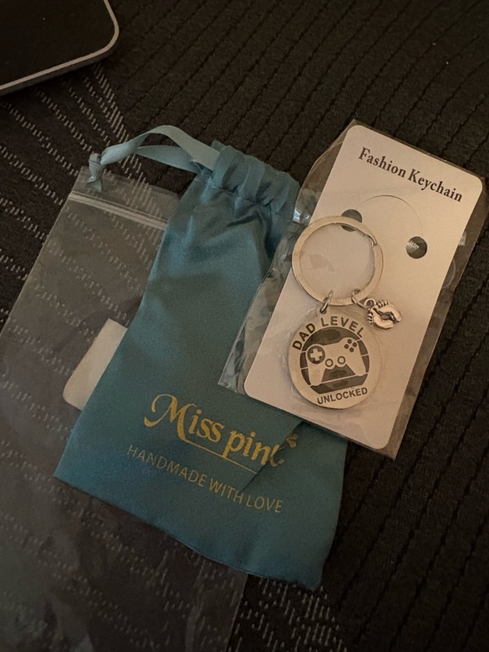 Miss Pink Teal Drawstring Pouch with 'Dad Level Unlocked' Keychain